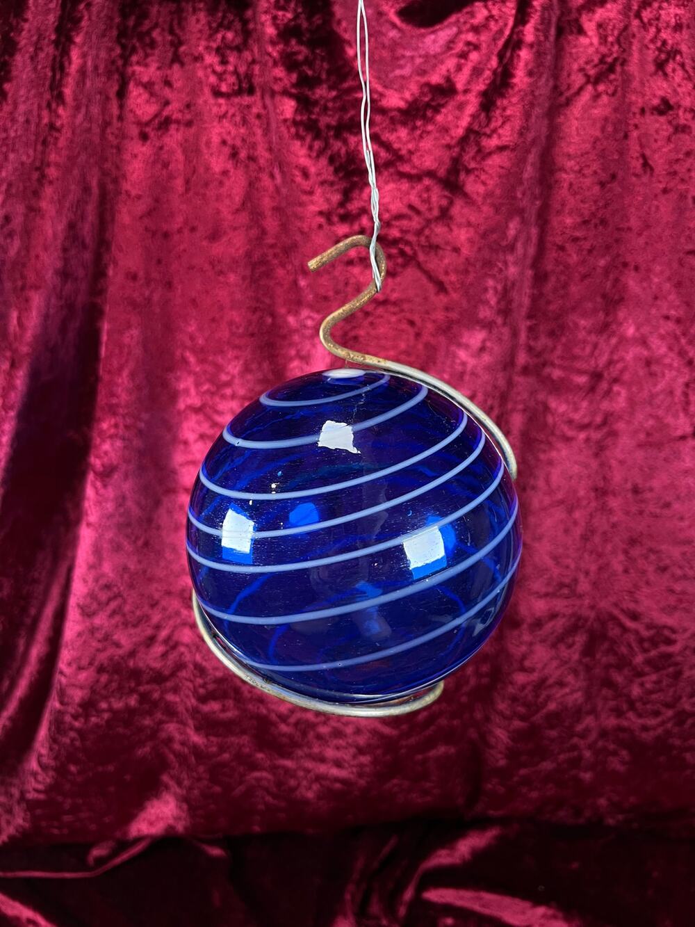 Vintage Blown Glass Fishing Float - Cobalt Blue White Swirl Metal Holder